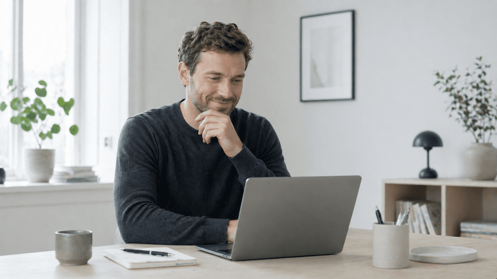 A person sitting relaxed with a laptop, getting started with a free employee survey